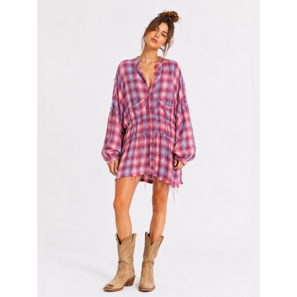 Free People We The Free Plaid Dress Grunge Boho Pink Prairie Coastal Cowgirl M
